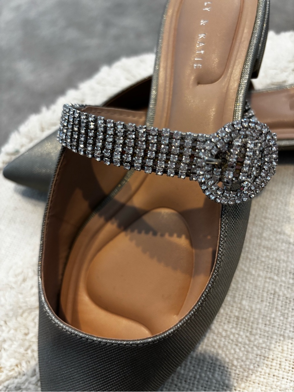 Kelly & Katie Silver Pointed Toe Slip-On Flats with Rhinestone Buckle